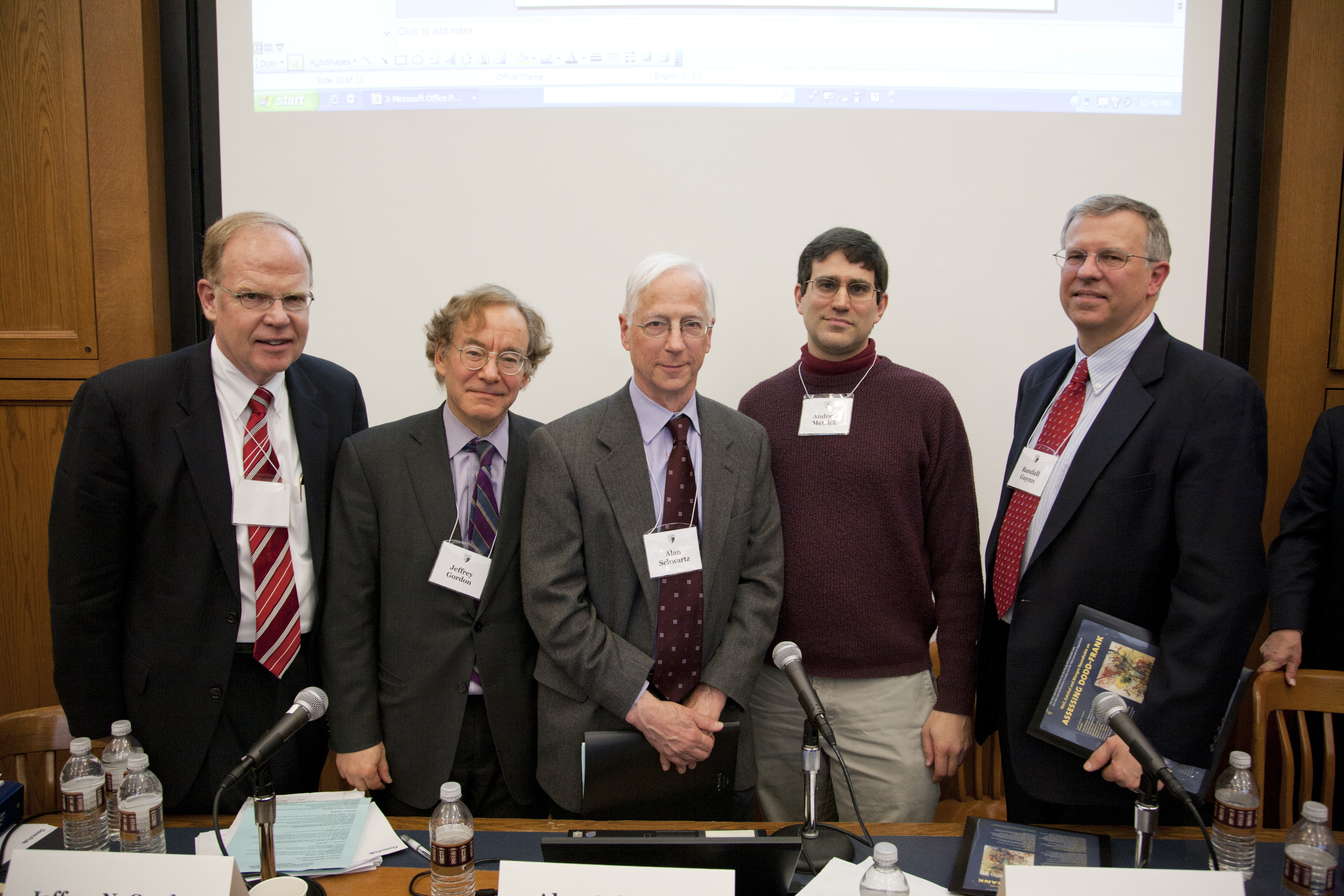 Thomas Baxter, Columbia Law Prof. Jeffrey Gordon, YLS Prof. Alan Schwartz &#039;64, Yale SOM Prof. Andrew Metrick, and Randall Guynn