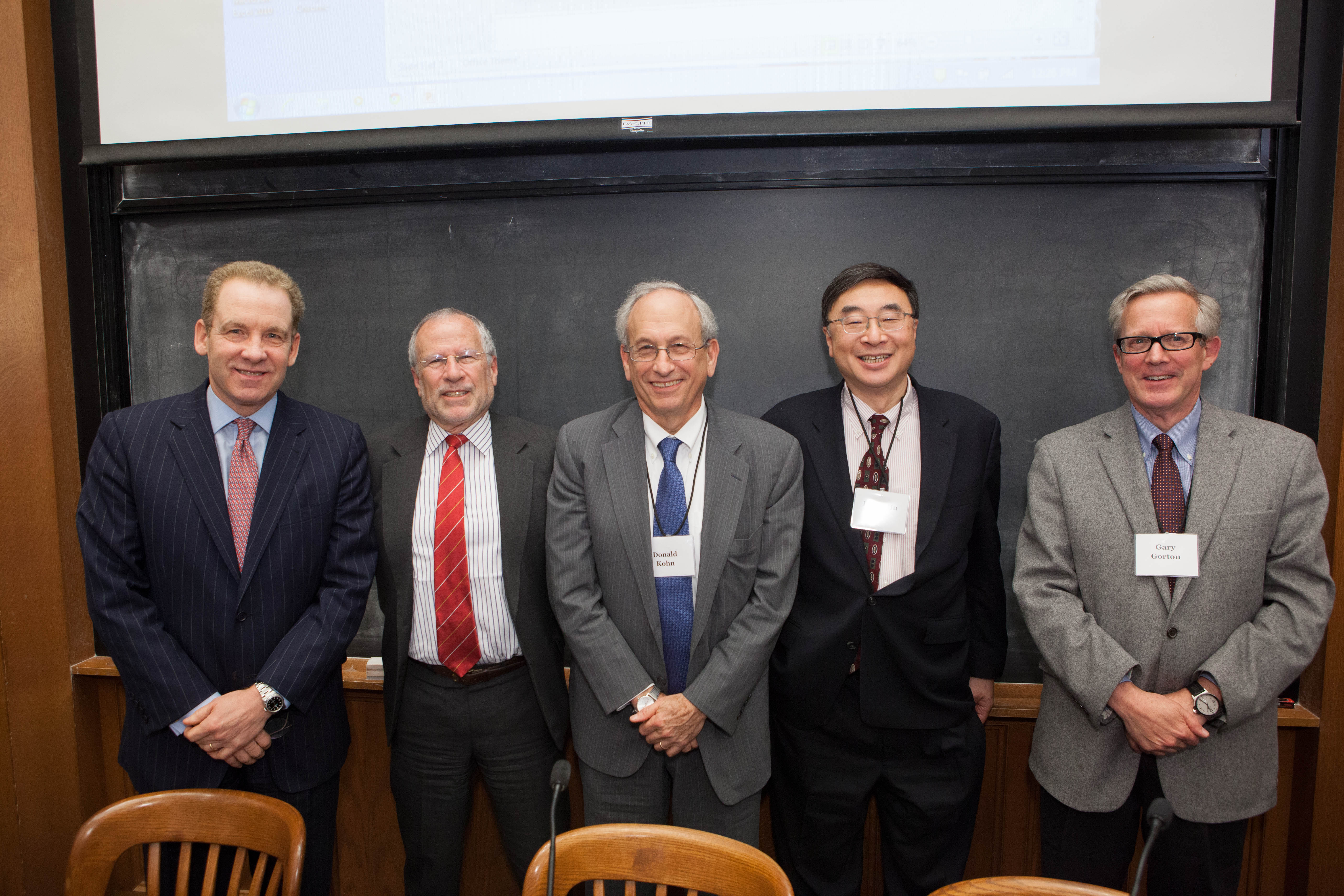 Robert J. Giuffra, Jr. ‘87, UVA Law Prof. Frederick Schauer, Donald Kohn, Texas Law Prof. Henry T. C. Hu ’79, and Yale SOM Prof. Gary B. Gorton