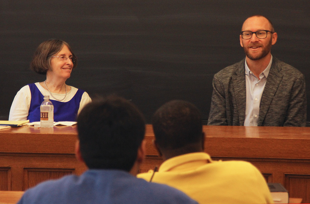 YLS Prof. and Center Dir. Roberta Romano &#039;80 and Todd A. Maron in conversation before Chirelstein Colloquium audience.
