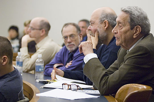 YLS Profs. Al Klevorick and Michael Graetz look on as Colloquium honoree Marvin Chirelstein comments
