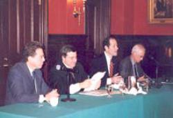 (From left) Anthony Kronman '75, Jonathan Macey '82, Eliot Spitzer, and Alan Schwartz '64