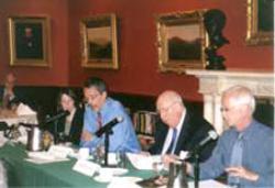 (From left) Roberta Romano '80, Ian Ayres '86, Ralph Winter '60, and Alan Schwartz '64