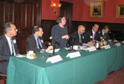 (From left) Warren Lavey, Stephen Heifetz, Roberta Romano '80, Welby Leaman '96, David Marchick, and Brad Setser