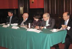 (From left) Christopher Young, Charles Nathan '65, Roberta Romano '80, Robert Todd Lang '47, and Alan Beller